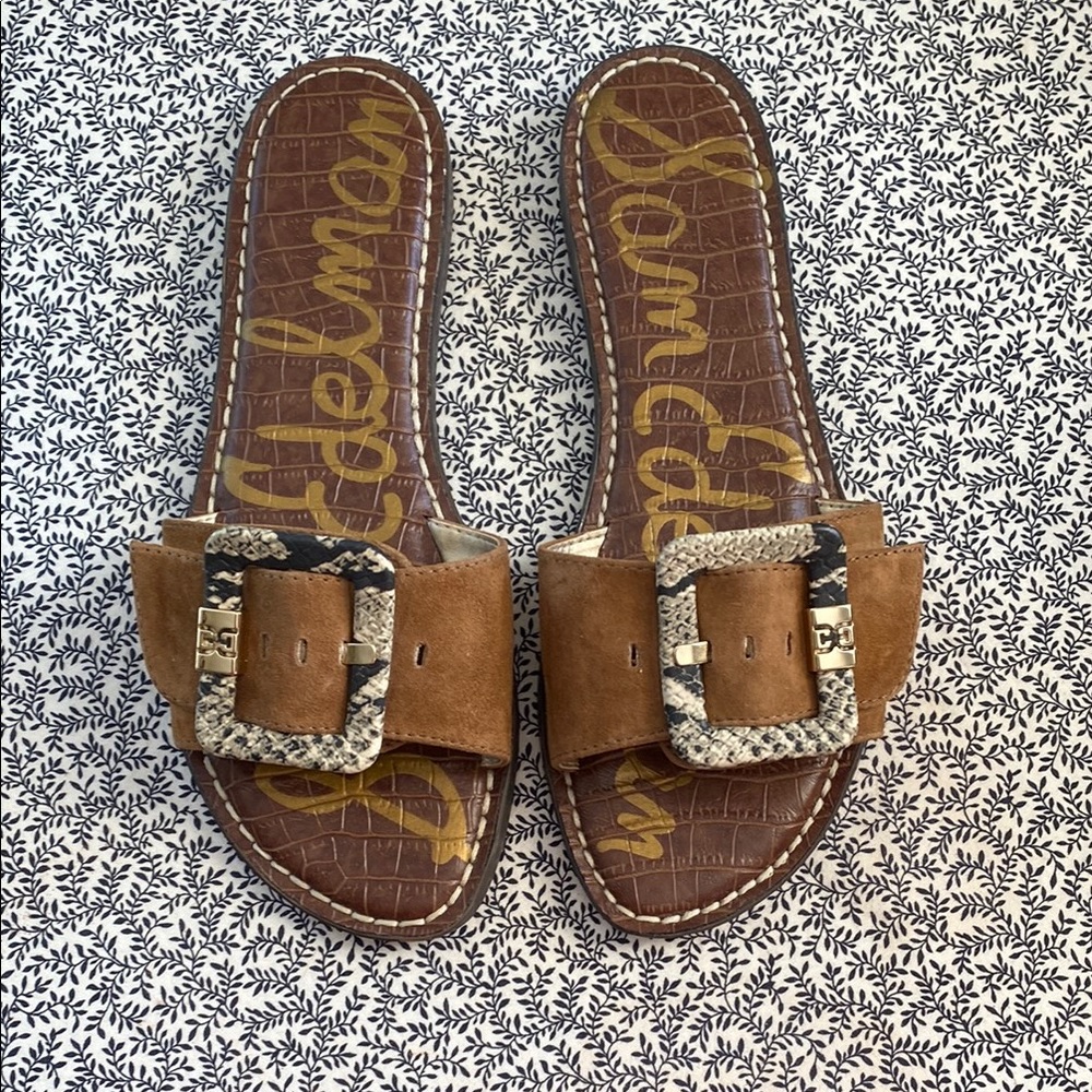 Sam Edelman Tan Slide Sandals with Snakeskin Buckle
